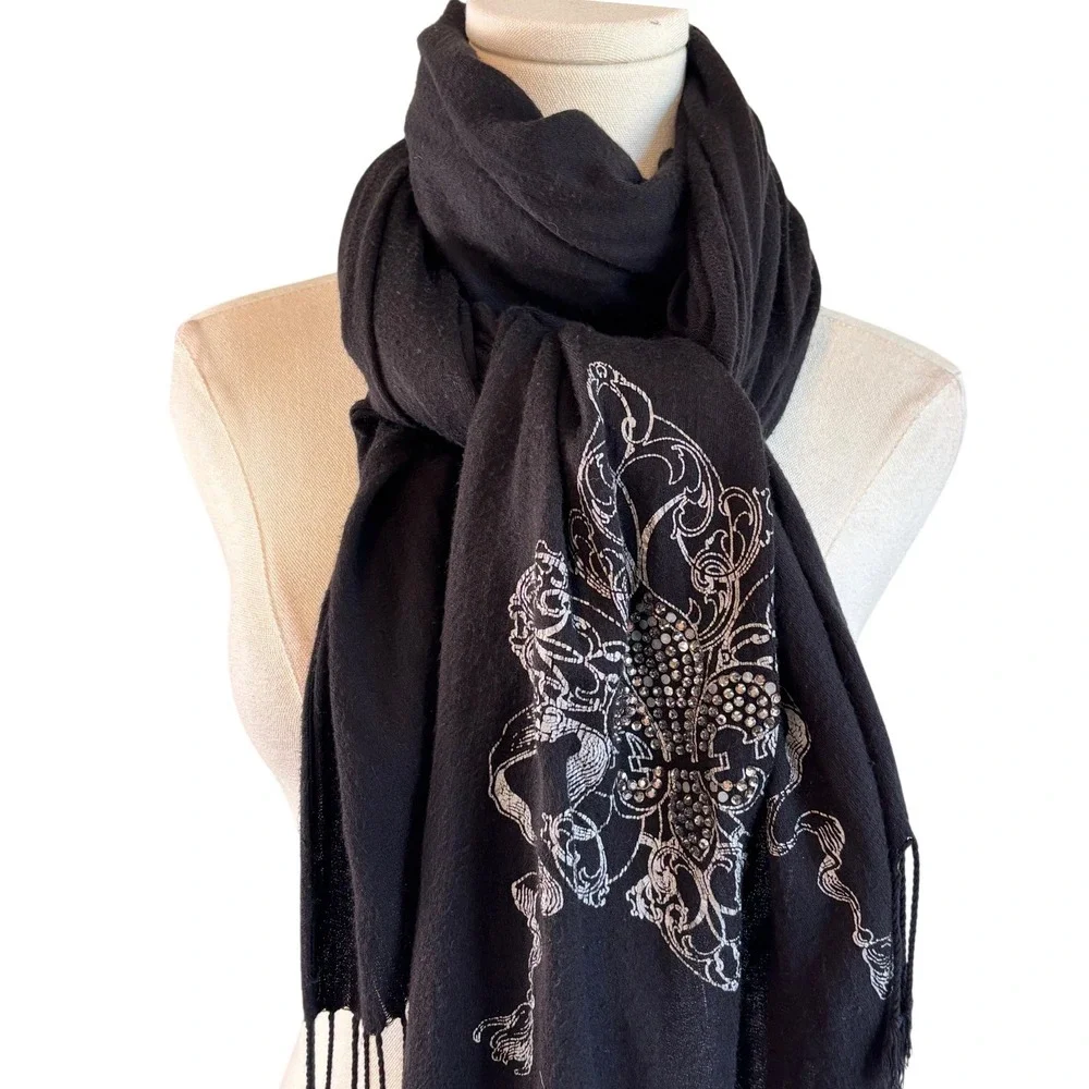 Black Fleur De Lis Rhinestone Wrap Shawl Scarf 72